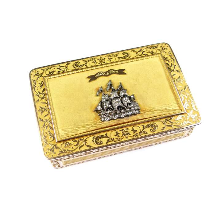 Early 19th century rectangular gold box with diamond ship motif